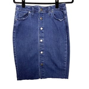 Universal Thread Size 4 Denim Skirt Dark Wash Raw Edge Hem Button Front Pockets